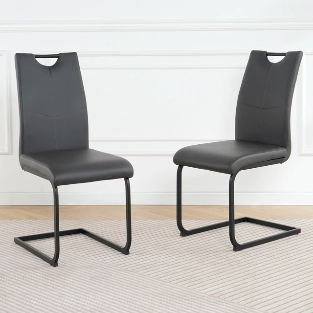 Alt view image 2 of 7 - Dining Chair Living Chair Upholstered Black Metal Leg Design Kitchen Living Dining Side Set, Charcoal Grey, PU, Seating