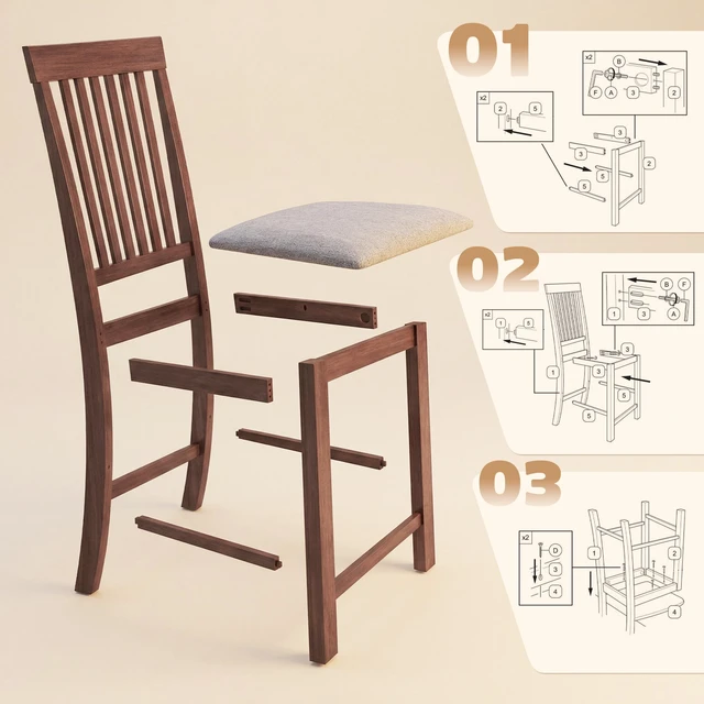 Alt view image 2 of 7 - Bar Stools Set, Upholstered Barstools with High Back and Rubberwood Legs Counter Height Kitchen Chairs for Kitchen