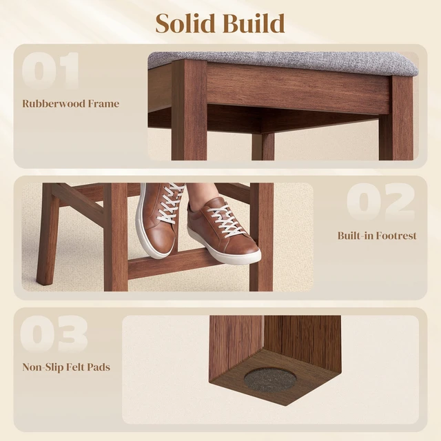 Alt view image 4 of 7 - Bar Stools Set, Upholstered Barstools with High Back and Rubberwood Legs Counter Height Kitchen Chairs for Kitchen
