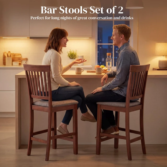 Alt view image 6 of 7 - Bar Stools Set, Upholstered Barstools with High Back and Rubberwood Legs Counter Height Kitchen Chairs for Kitchen