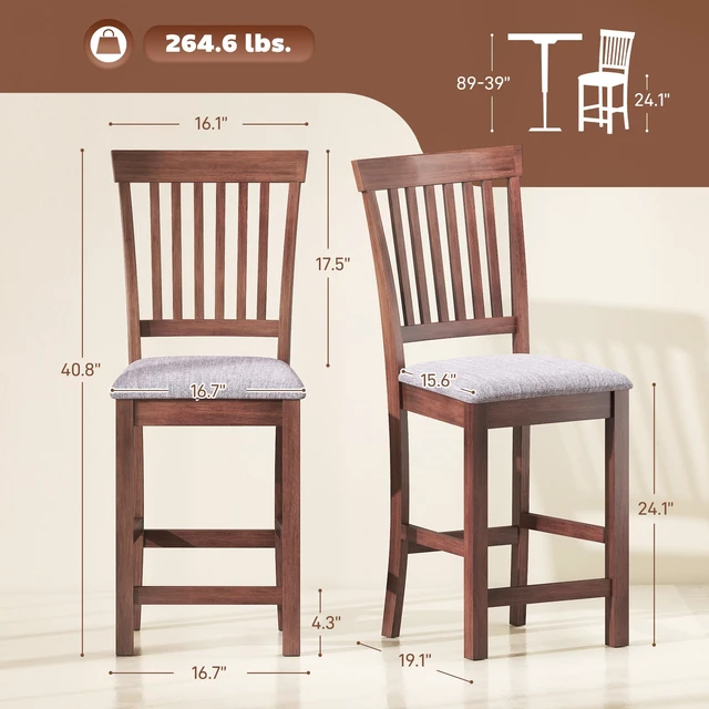 Alt view image 7 of 7 - Bar Stools Set, Upholstered Barstools with High Back and Rubberwood Legs Counter Height Kitchen Chairs for Kitchen