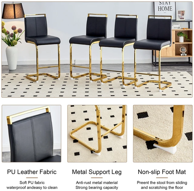 Alt view image 7 of 7 - Leather Upholstered Bar Chair with Tube Gold Metal Legs, Suitable for Restaurants Kitchens Terraces and Guest Chairs