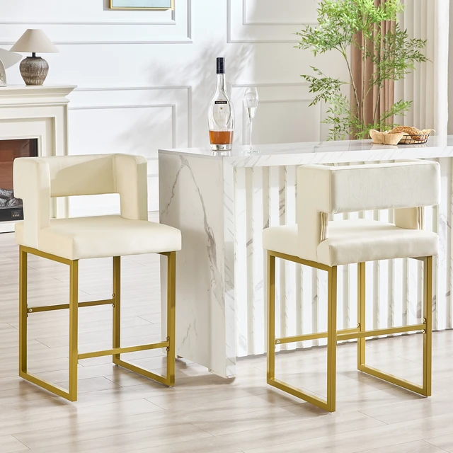 Alt view image 2 of 7 - Velvet Bar Chair Set Stable and Golden Metal Legs Smooth Design Lines and Appearance Suitable for Placement in Bars