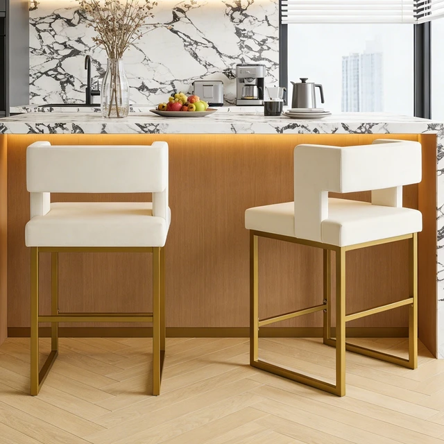 Alt view image 4 of 7 - Velvet Bar Chair Set Stable and Golden Metal Legs Smooth Design Lines and Appearance Suitable for Placement in Bars