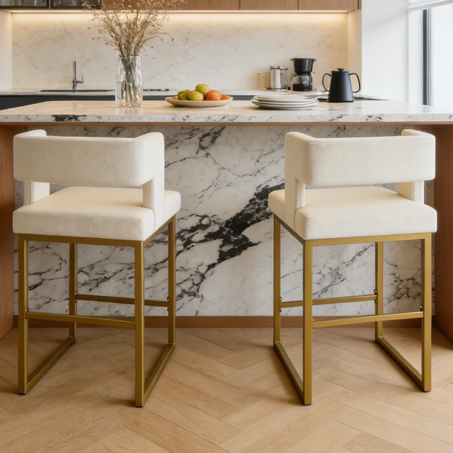 Alt view image 6 of 7 - Velvet Bar Chair Set Stable and Golden Metal Legs Smooth Design Lines and Appearance Suitable for Placement in Bars