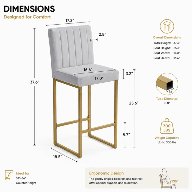 Alt view image 4 of 7 - 25.6 Inch Counter Height Bar Stools Set with Velvet Cushion and Back Bar Chairs for Kitchen Island Counter with Metal