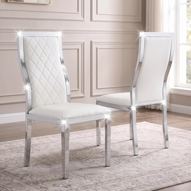 Alt view image 2 of 7 - Dining Chairs Set, Faux Leather Dining Chairs with Chrome Metal Frame High Back Upholstered Side with Diamond Grid