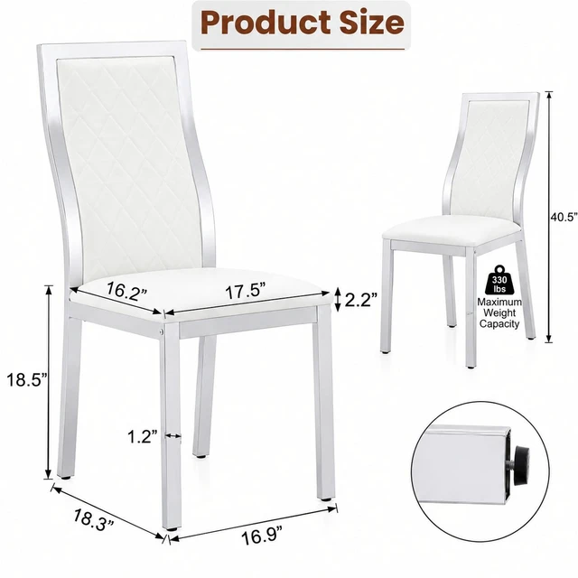 Alt view image 6 of 7 - Dining Chairs Set, Faux Leather Dining Chairs with Chrome Metal Frame High Back Upholstered Side with Diamond Grid
