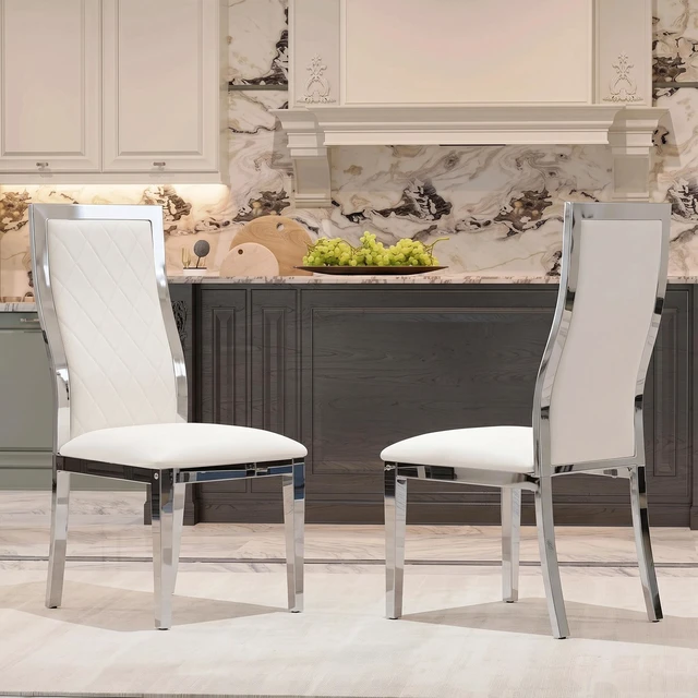 Alt view image 3 of 7 - Dining Chairs Set, Faux Leather Dining Chairs with Chrome Metal Frame High Back Upholstered Side with Diamond Grid