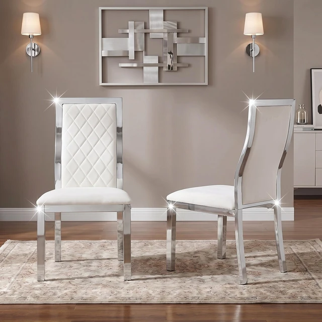 Main image of Dining Chairs Set, Faux Leather Dining Chairs with Chrome Metal Frame High Back Upholstered Side with Diamond Grid