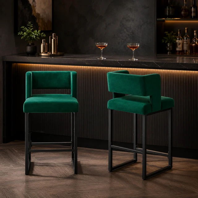 Alt view image 2 of 7 - Velvet Bar Chair Set Stable and Black Metal Legs Smooth Design Lines and Appearance Suitable for Placement in Bars