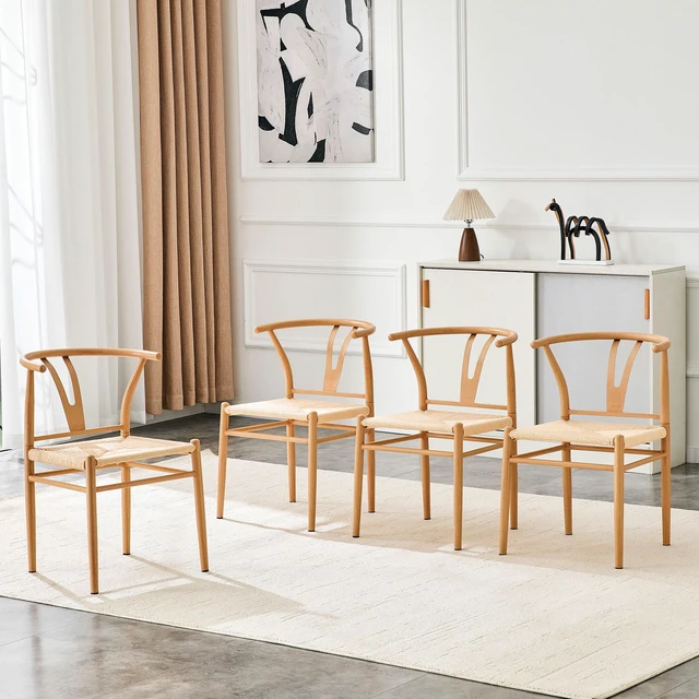 Main image of Mid-Century Dining Chairs Set, Wishbone Chair with Hand Woven Paper Rope Seat and Wood Grain Carbon Steel Frame