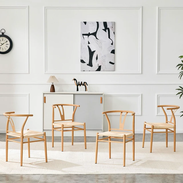 Alt view image 2 of 7 - Mid-Century Dining Chairs Set, Wishbone Chair with Hand Woven Paper Rope Seat and Wood Grain Carbon Steel Frame