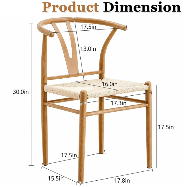 Alt view image 5 of 7 - Mid-Century Dining Chairs Set, Wishbone Chair with Hand Woven Paper Rope Seat and Wood Grain Carbon Steel Frame