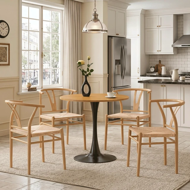 Alt view image 4 of 7 - Mid-Century Dining Chairs Set, Wishbone Chair with Hand Woven Paper Rope Seat and Wood Grain Carbon Steel Frame