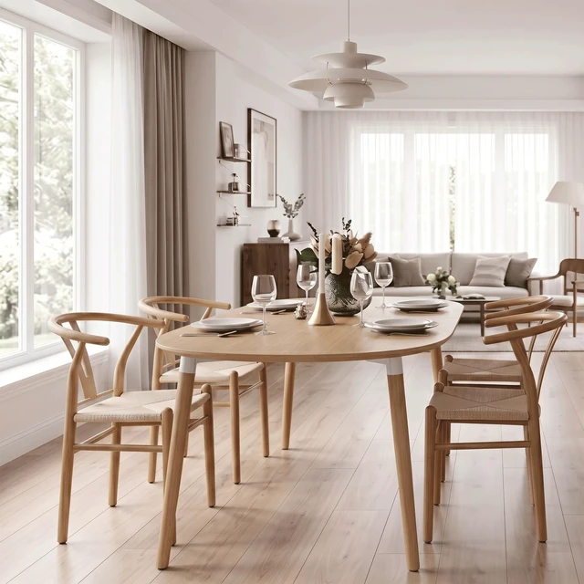 Alt view image 3 of 7 - Mid-Century Dining Chairs Set, Wishbone Chair with Hand Woven Paper Rope Seat and Wood Grain Carbon Steel Frame