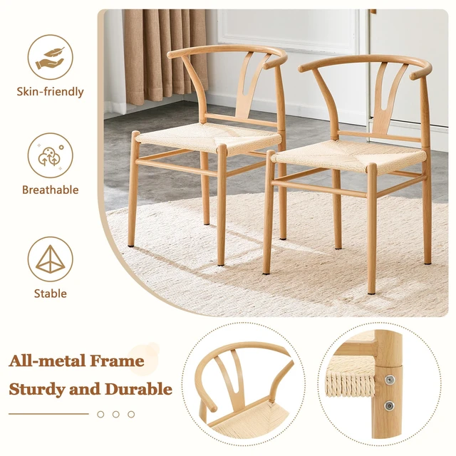 Alt view image 6 of 7 - Mid-Century Dining Chairs Set, Wishbone Chair with Hand Woven Paper Rope Seat and Wood Grain Carbon Steel Frame