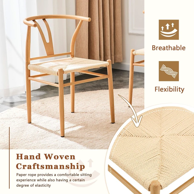 Alt view image 7 of 7 - Mid-Century Dining Chairs Set, Wishbone Chair with Hand Woven Paper Rope Seat and Wood Grain Carbon Steel Frame