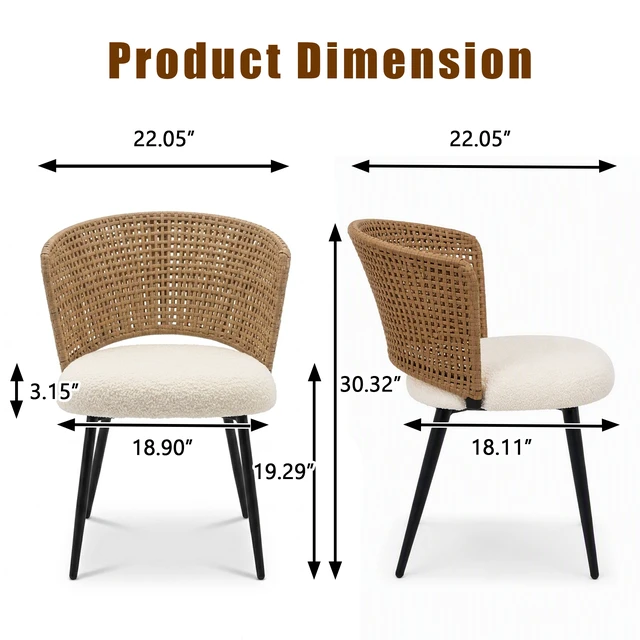 Alt view image 2 of 7 - Rattan Dining Chairs Set Rattan Kitchen Chair with Teddy Fleece Cushion, Dining Seat with Cane Back and Metal Legs