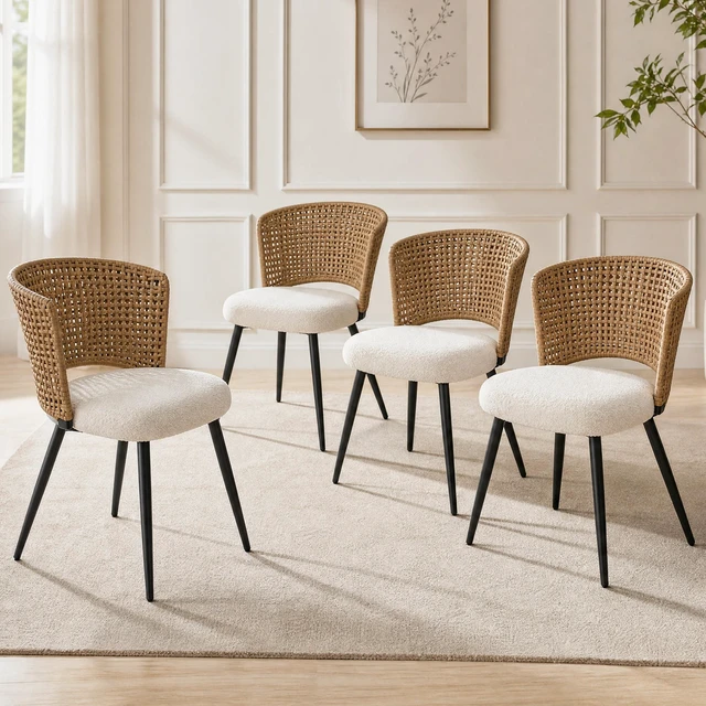 Main image of Rattan Dining Chairs Set Rattan Kitchen Chair with Teddy Fleece Cushion, Dining Seat with Cane Back and Metal Legs