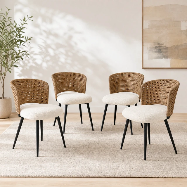 Alt view image 3 of 7 - Rattan Dining Chairs Set Rattan Kitchen Chair with Teddy Fleece Cushion, Dining Seat with Cane Back and Metal Legs