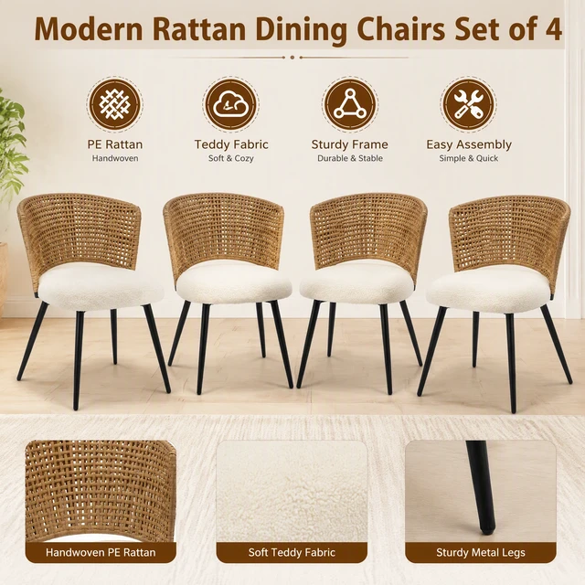 Alt view image 6 of 7 - Rattan Dining Chairs Set Rattan Kitchen Chair with Teddy Fleece Cushion, Dining Seat with Cane Back and Metal Legs