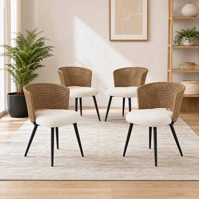 Alt view image 4 of 7 - Rattan Dining Chairs Set Rattan Kitchen Chair with Teddy Fleece Cushion, Dining Seat with Cane Back and Metal Legs
