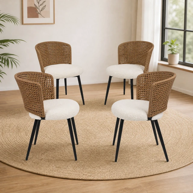 Alt view image 5 of 7 - Rattan Dining Chairs Set Rattan Kitchen Chair with Teddy Fleece Cushion, Dining Seat with Cane Back and Metal Legs