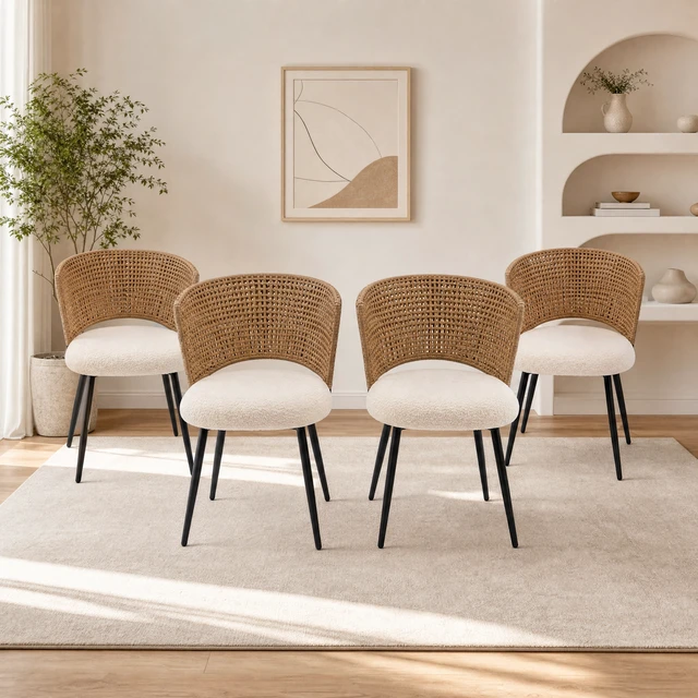 Alt view image 7 of 7 - Rattan Dining Chairs Set Rattan Kitchen Chair with Teddy Fleece Cushion, Dining Seat with Cane Back and Metal Legs