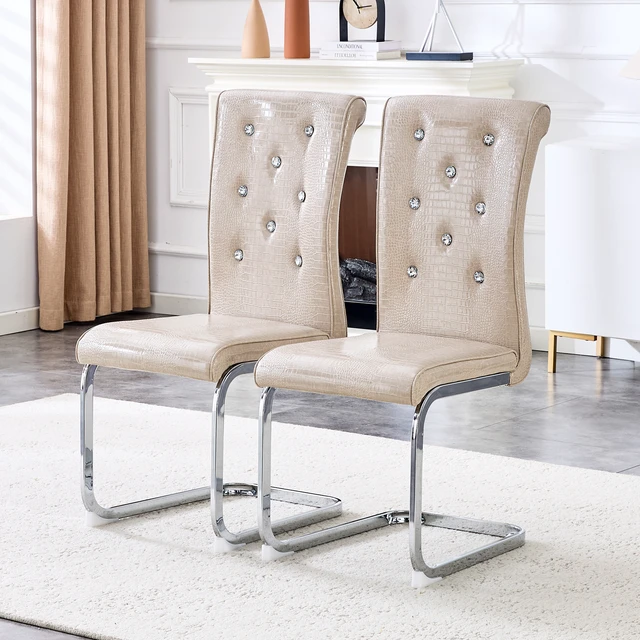 Alt view image 2 of 7 - Set, Retro Alligator Skin Upholstered Dining Chairs with Crystal Buckle Design and Faux Leather Design Touch Elegance