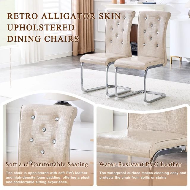 Alt view image 7 of 7 - Set, Retro Alligator Skin Upholstered Dining Chairs with Crystal Buckle Design and Faux Leather Design Touch Elegance