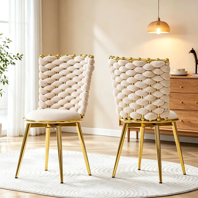 Main image of Set Velvet Swivel Dining Chairs, Degree Rotating Upholstered Chairs with Woven Rope Backrest Cushioned Seat and Gold