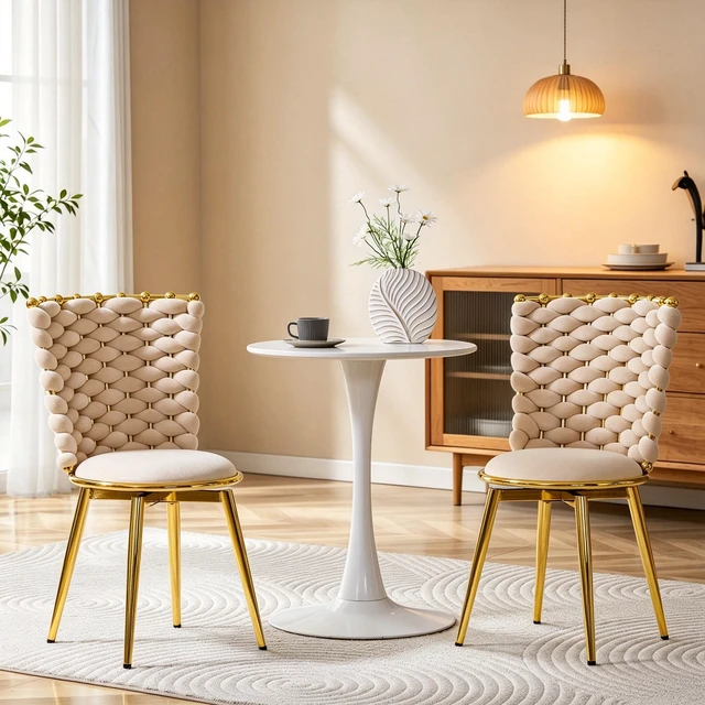 Alt view image 2 of 7 - Set Velvet Swivel Dining Chairs, Degree Rotating Upholstered Chairs with Woven Rope Backrest Cushioned Seat and Gold