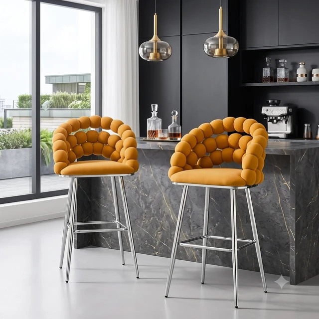 Alt view image 3 of 7 - Bubble Bar Stools Set, Cloud Padded Counter Height Bar Chairs with Chrome Metal Legs Upholstered Velvet Bubble Back