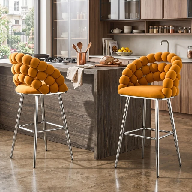 Alt view image 2 of 7 - Bubble Bar Stools Set, Cloud Padded Counter Height Bar Chairs with Chrome Metal Legs Upholstered Velvet Bubble Back