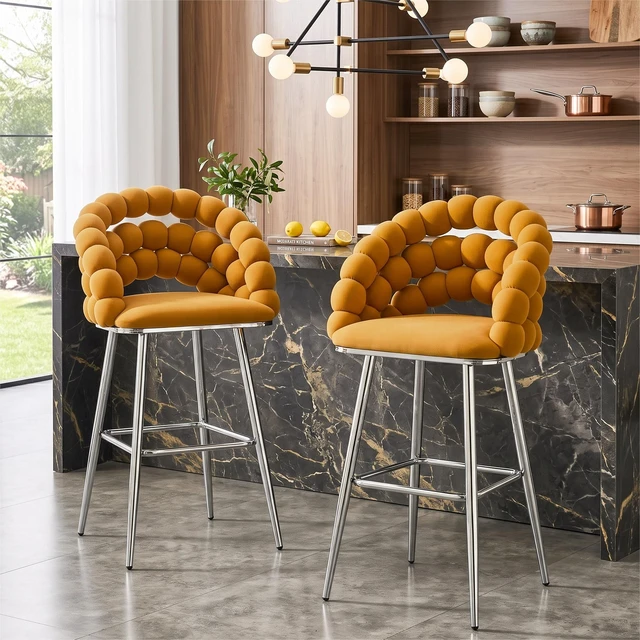 Alt view image 5 of 7 - Bubble Bar Stools Set, Cloud Padded Counter Height Bar Chairs with Chrome Metal Legs Upholstered Velvet Bubble Back