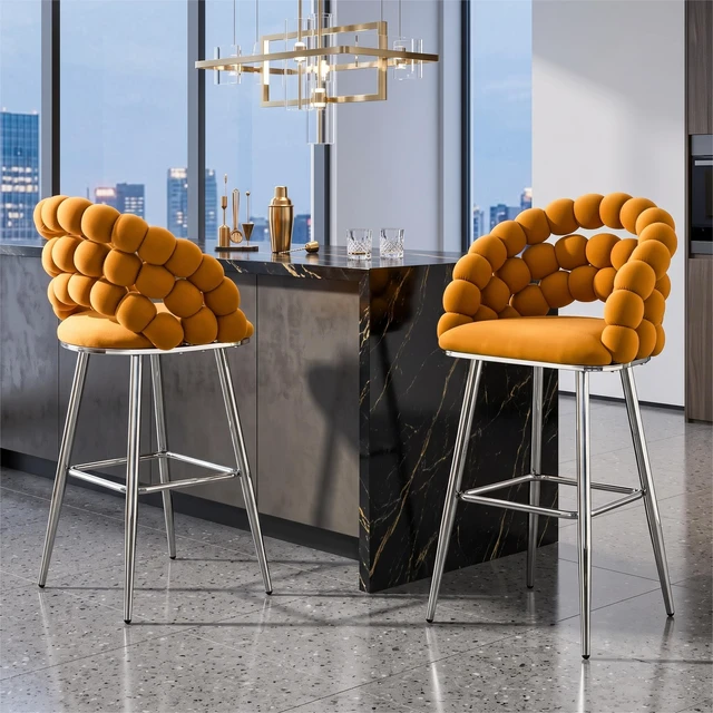 Alt view image 4 of 7 - Bubble Bar Stools Set, Cloud Padded Counter Height Bar Chairs with Chrome Metal Legs Upholstered Velvet Bubble Back