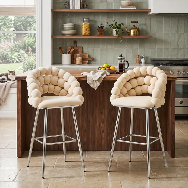 Alt view image 3 of 7 - Bubble Bar Stools Set, Cloud Padded Counter Height Bar Chairs with Chrome Metal Legs Upholstered Velvet Bubble Back