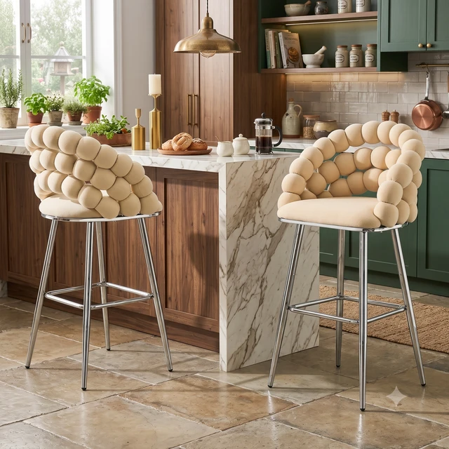 Alt view image 2 of 7 - Bubble Bar Stools Set, Cloud Padded Counter Height Bar Chairs with Chrome Metal Legs Upholstered Velvet Bubble Back