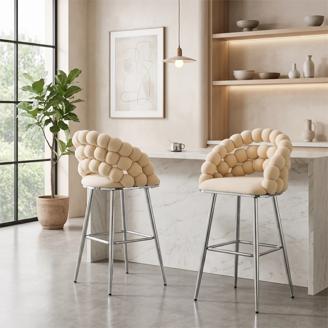 Alt view image 6 of 7 - Bubble Bar Stools Set, Cloud Padded Counter Height Bar Chairs with Chrome Metal Legs Upholstered Velvet Bubble Back