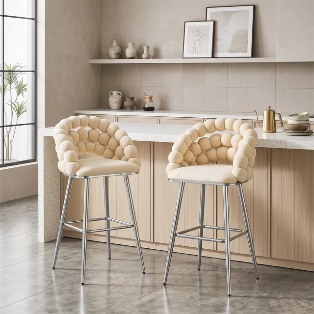 Alt view image 5 of 7 - Bubble Bar Stools Set, Cloud Padded Counter Height Bar Chairs with Chrome Metal Legs Upholstered Velvet Bubble Back