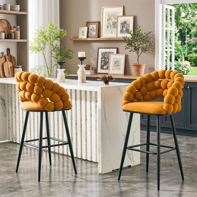 Alt view image 2 of 7 - Bubble Counter Height Bar Stools Set, Velvet Cloud Bubble Back Bar Chairs with Black Metal Legs Upholstered Padded