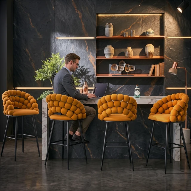Alt view image 6 of 7 - Bubble Counter Height Bar Stools Set, Velvet Cloud Bubble Back Bar Chairs with Black Metal Legs Upholstered Padded