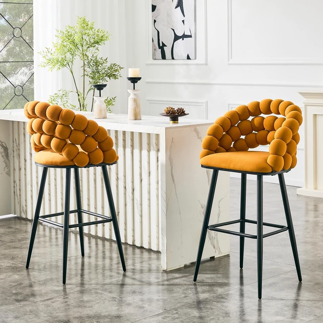 Alt view image 4 of 7 - Bubble Counter Height Bar Stools Set, Velvet Cloud Bubble Back Bar Chairs with Black Metal Legs Upholstered Padded