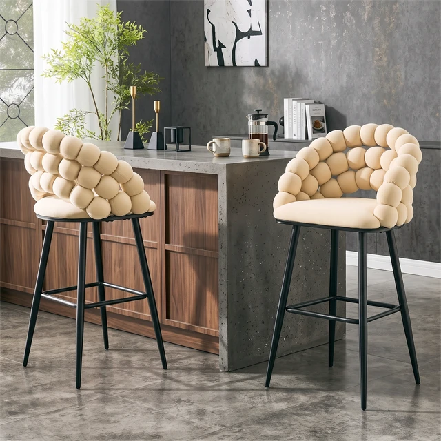 Alt view image 5 of 7 - Bubble Counter Height Bar Stools Set, Velvet Cloud Bubble Back Bar Chairs with Black Metal Legs Upholstered Padded