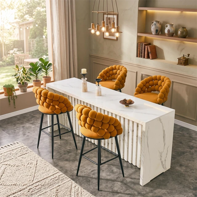 Alt view image 5 of 7 - Bubble Counter Height Bar Stools Set, Velvet Cloud Bubble Back Bar Chairs with Black Metal Legs Upholstered Padded