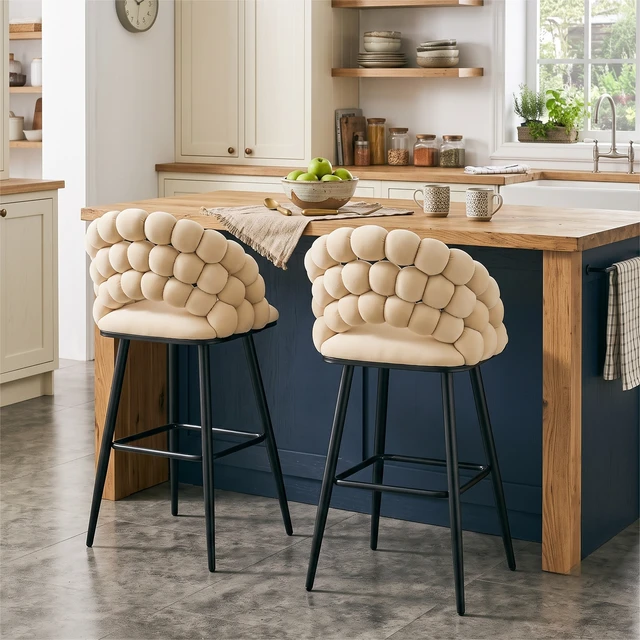 Alt view image 3 of 7 - Bubble Counter Height Bar Stools Set, Velvet Cloud Bubble Back Bar Chairs with Black Metal Legs Upholstered Padded