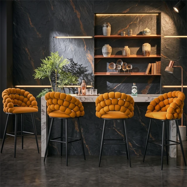 Alt view image 7 of 7 - Bubble Counter Height Bar Stools Set, Velvet Cloud Bubble Back Bar Chairs with Black Metal Legs Upholstered Padded