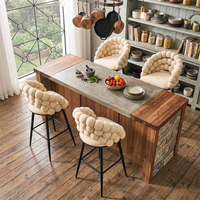 Alt view image 4 of 7 - Bubble Counter Height Bar Stools Set, Velvet Cloud Bubble Back Bar Chairs with Black Metal Legs Upholstered Padded
