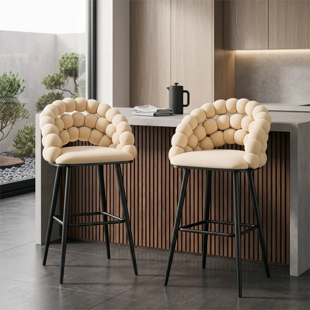 Alt view image 6 of 7 - Bubble Counter Height Bar Stools Set, Velvet Cloud Bubble Back Bar Chairs with Black Metal Legs Upholstered Padded